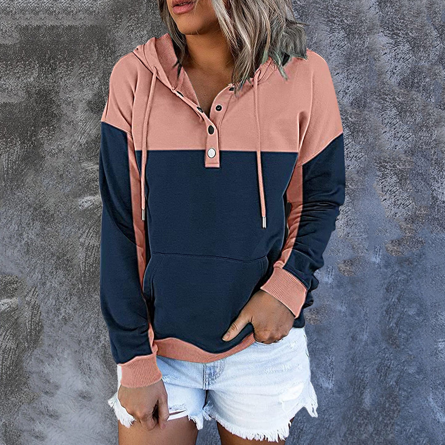 Striped Tie Dye or Color Block Pullover Hoodie with a Buttoned Neckline