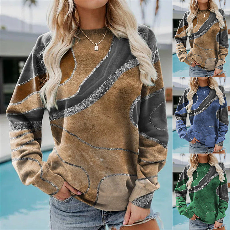 Women's Casual Geometric Loose Print Long Sleeve Round Neck Sweater