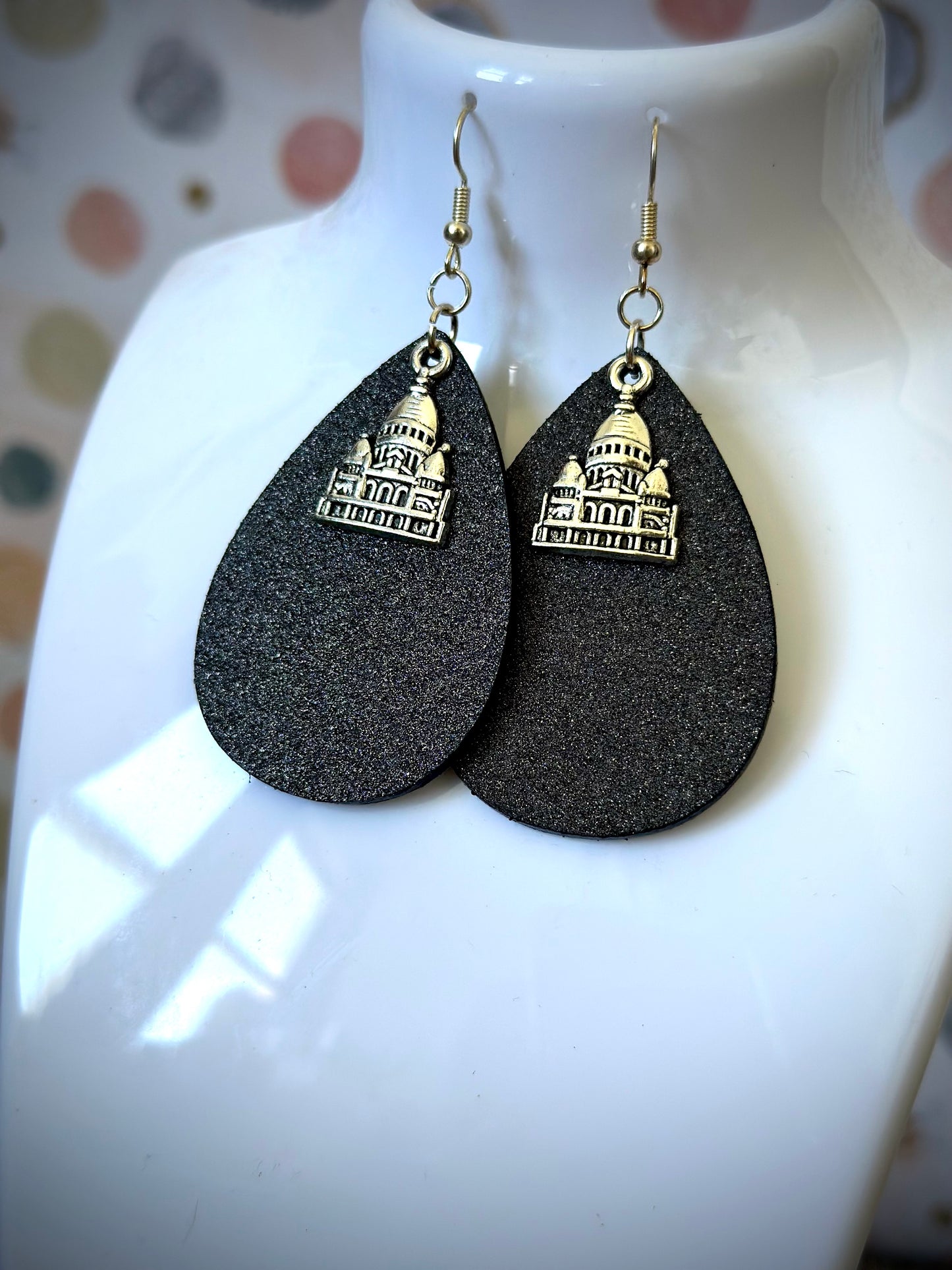 Black Shimmery Teardrop Earrings with Travel Charm