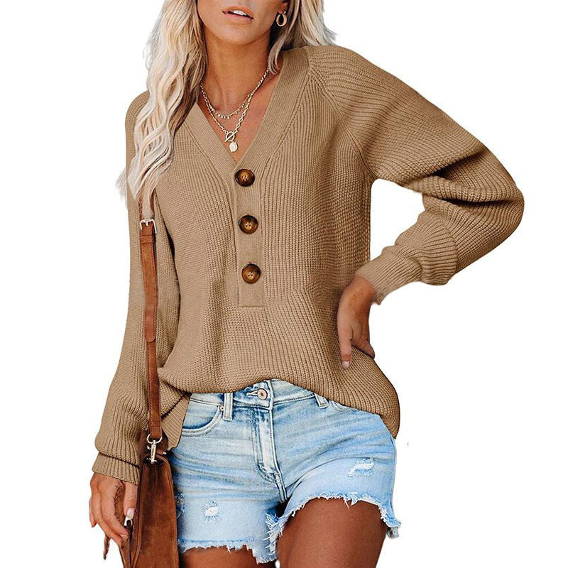 Knitted V-Neck Button Sweater
