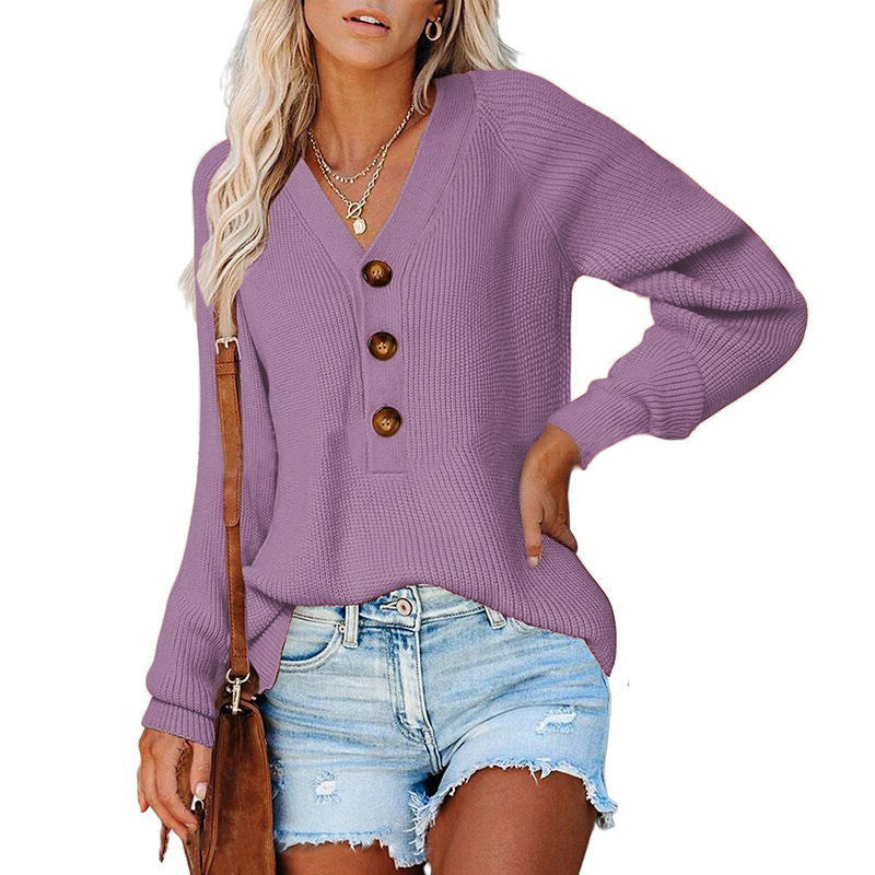Knitted V-Neck Button Sweater