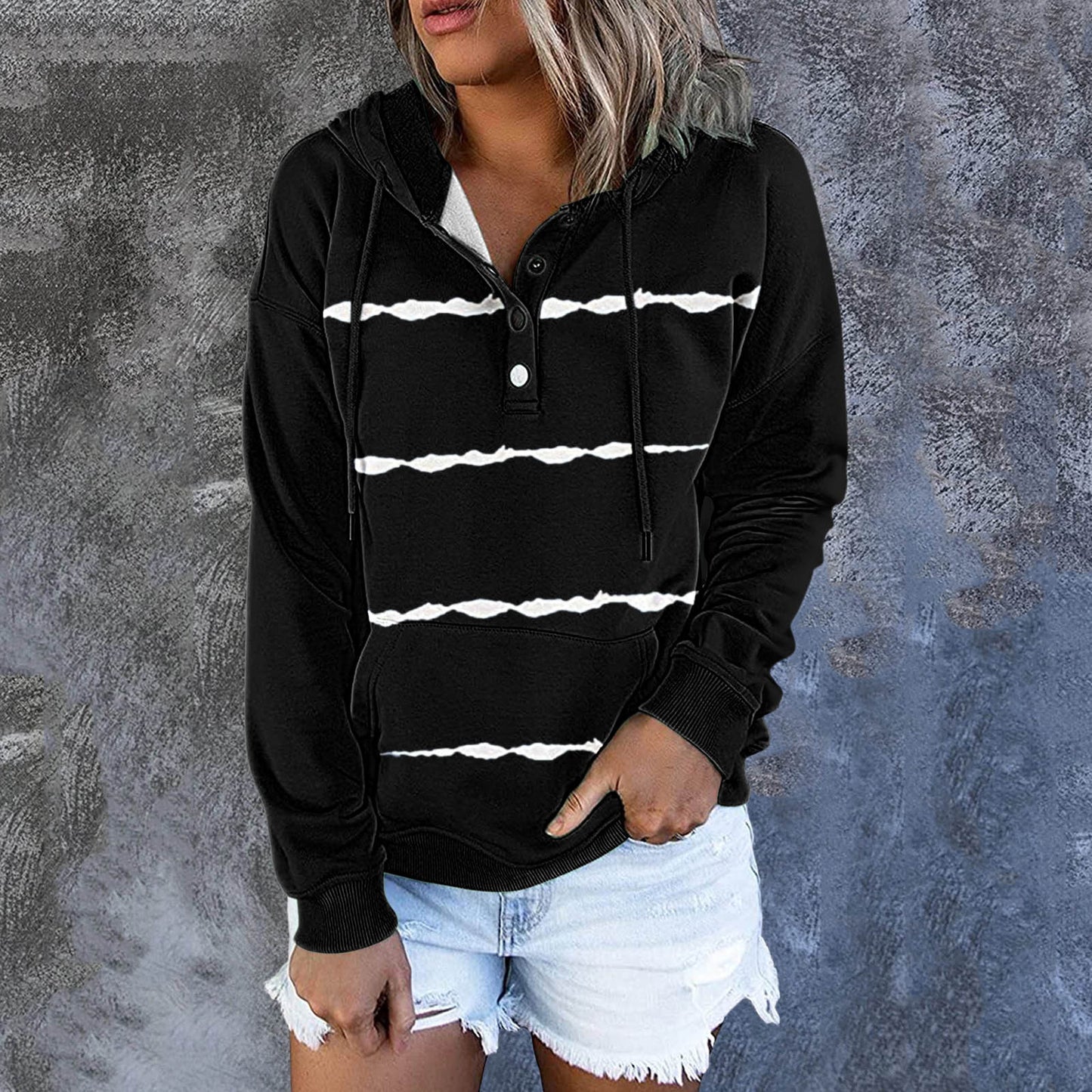 Striped Tie Dye or Color Block Pullover Hoodie with a Buttoned Neckline