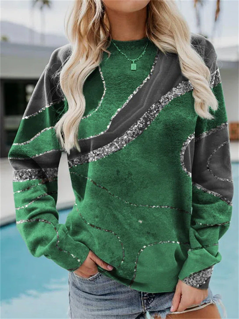 Women's Casual Geometric Loose Print Long Sleeve Round Neck Sweater