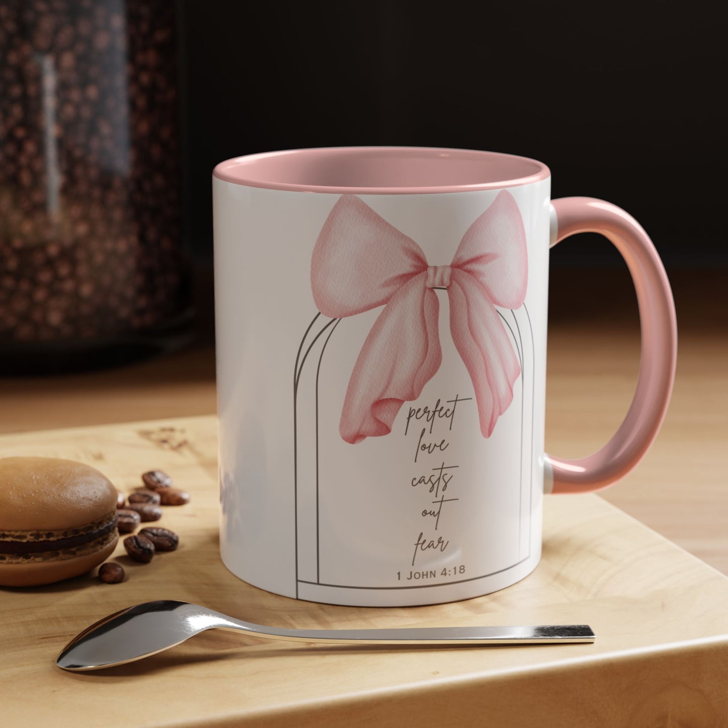 Perfect Love Casts Out Fear Mug | 1 John 4:18 Scripture with Pink Coquette Bow Coffee Mug