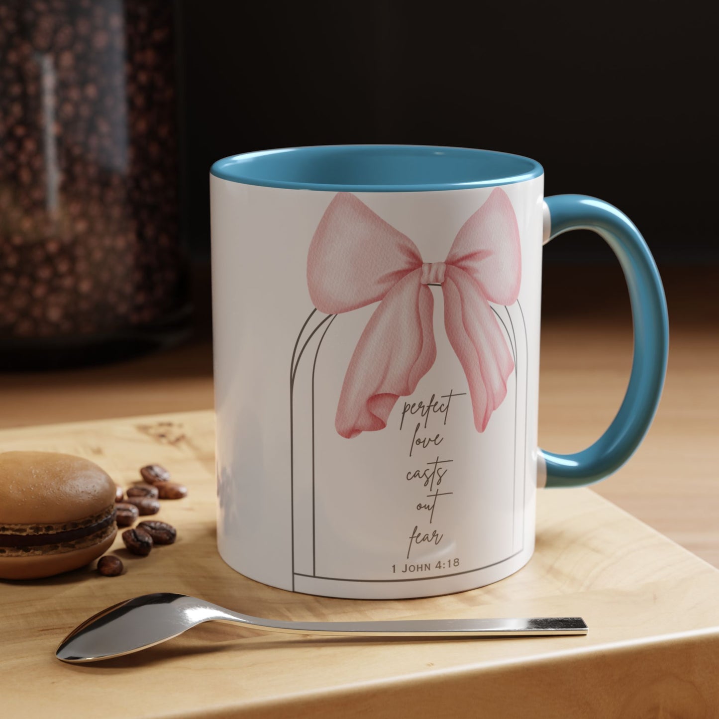 Perfect Love Casts Out Fear Mug | 1 John 4:18 Scripture with Pink Coquette Bow Coffee Mug