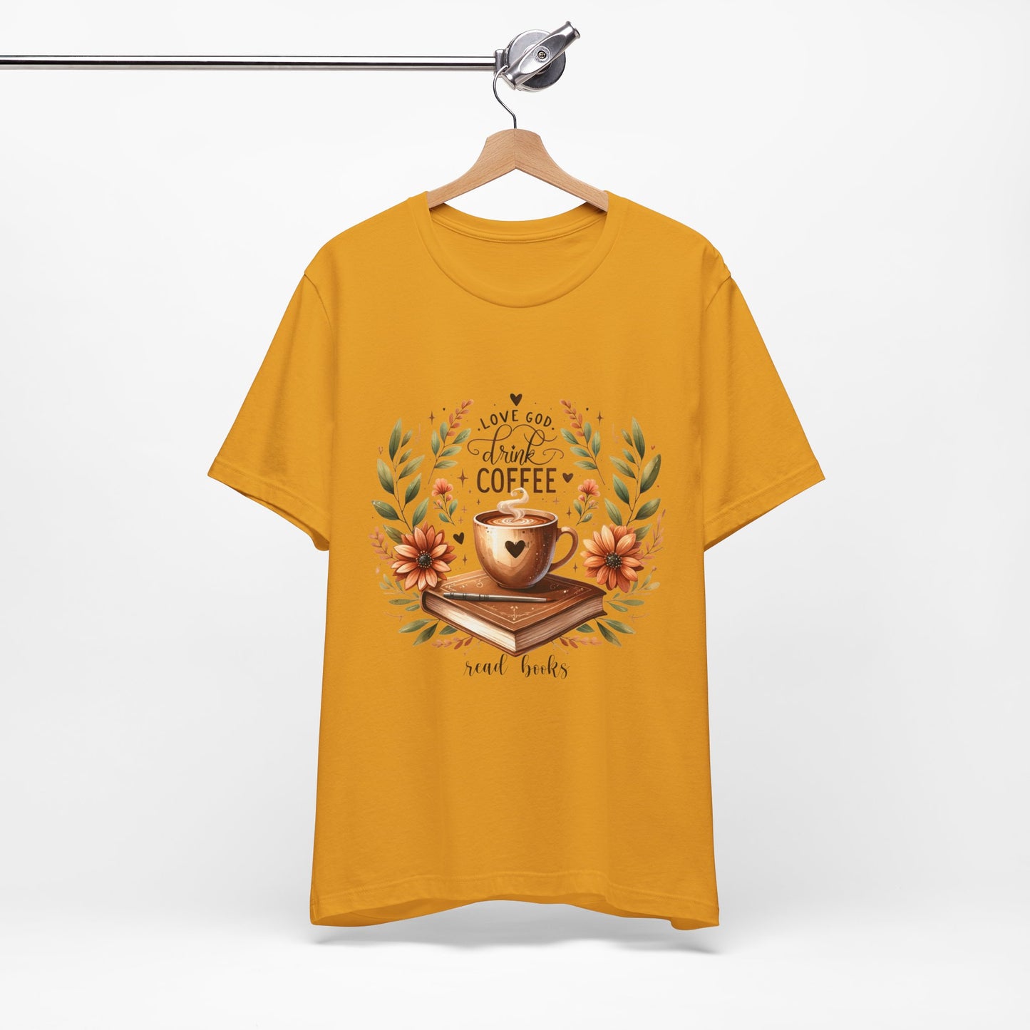 Love God, Drink Coffee, Read Books Tee | Fall Watercolor Books & Coffee Graphic Shirt