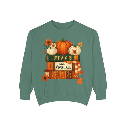 Just A Girl Who Loves Fall Cozy Sweatshirt, Autumn Scene With Books, Pumpkins, and Fall Leaves