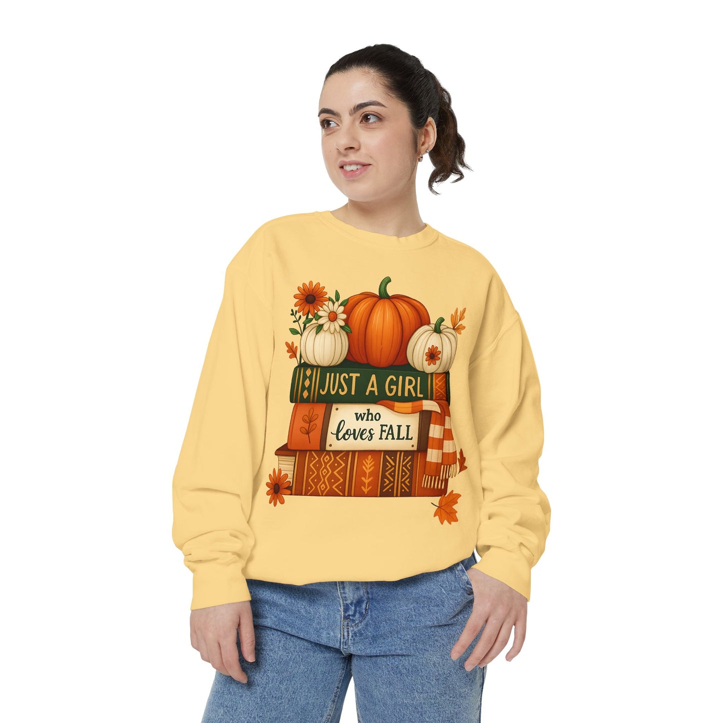 Just A Girl Who Loves Fall Cozy Sweatshirt, Autumn Scene With Books, Pumpkins, and Fall Leaves