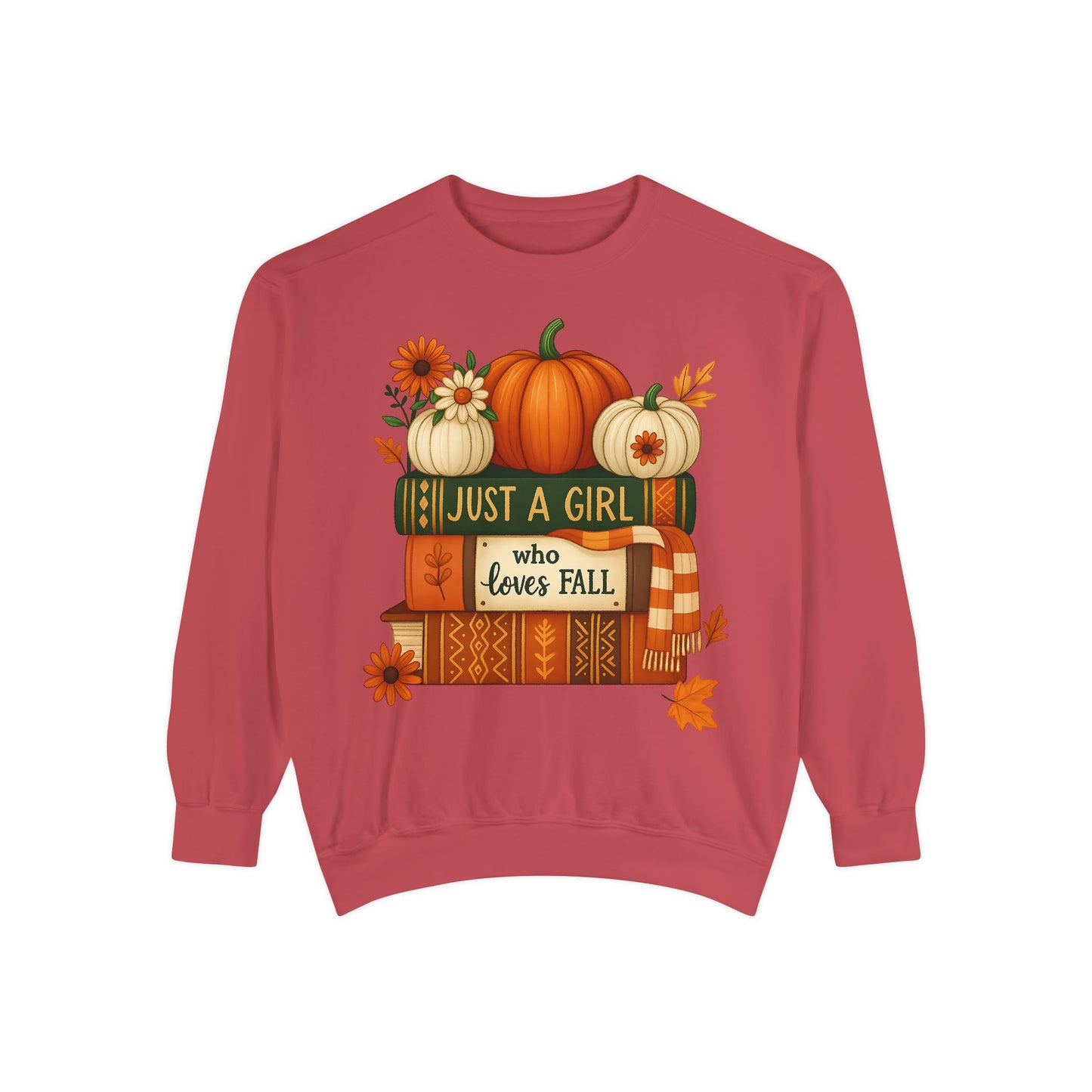 Just A Girl Who Loves Fall Cozy Sweatshirt, Autumn Scene With Books, Pumpkins, and Fall Leaves