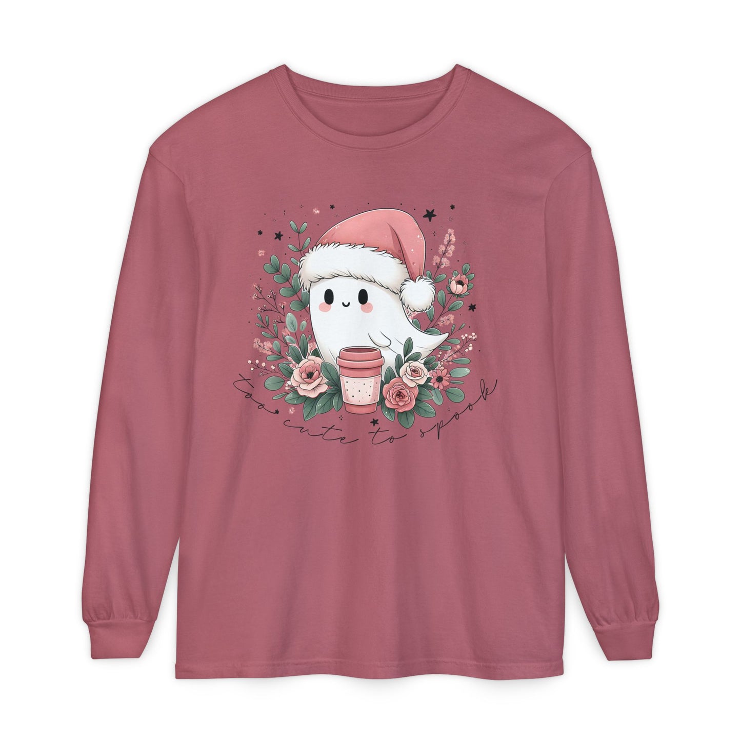Too Cute to Spook Long Sleeve T-Shirt, Watercolor Ghost with Pink Santa Hat, Coffee & Florals, Pastel Christmas Holiday Apparel