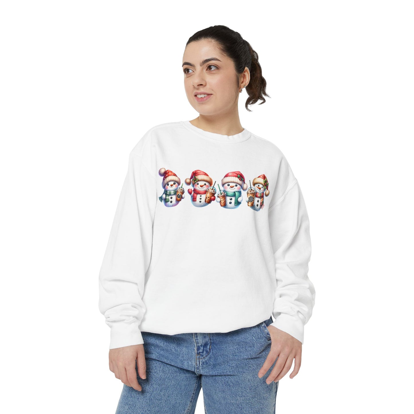 Snowmen Holding Iced Coffee Sweatshirt | Cute Winter Graphic Pullover, Cozy Holiday Gift, Christmas Apparel, Festive Sweatshirt, Snowman Design, Unisex Sweatshirt