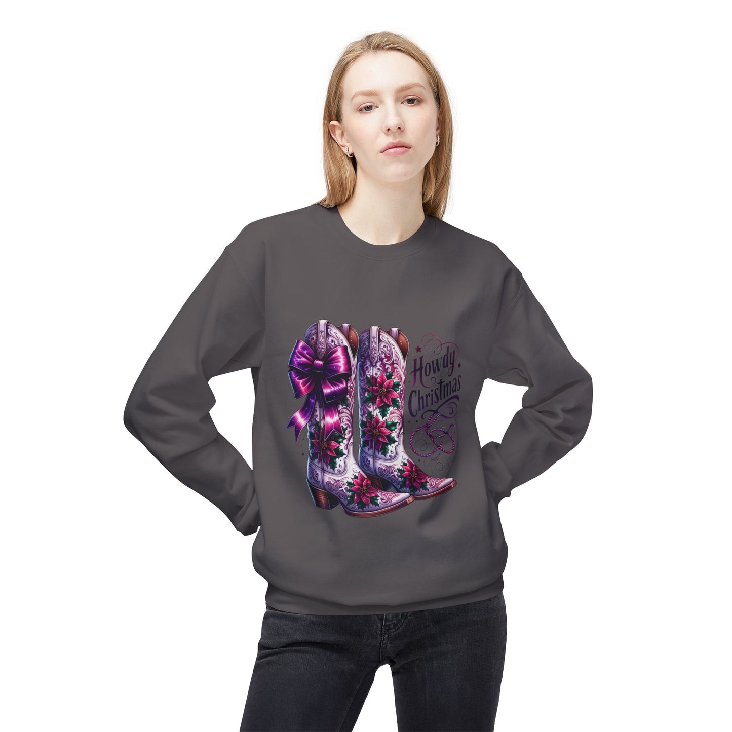 Howdy Christmas Boots Sweatshirt, Cozy Holiday Apparel, Rustic Christmas Gifts, Festive Crewneck