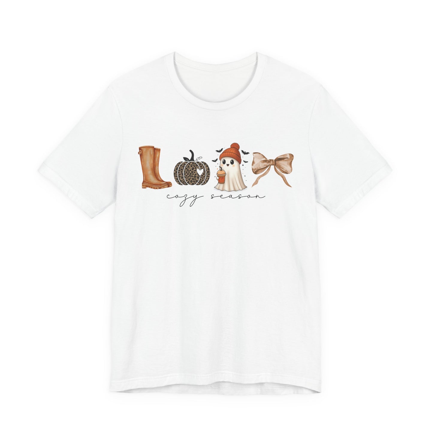 'Cozy Season' Autumn Vibes Tee, Fall Shirt, Cozy Season Top, Pumpkin, Ghost, Boots, Bow, Halloween Casual Wear