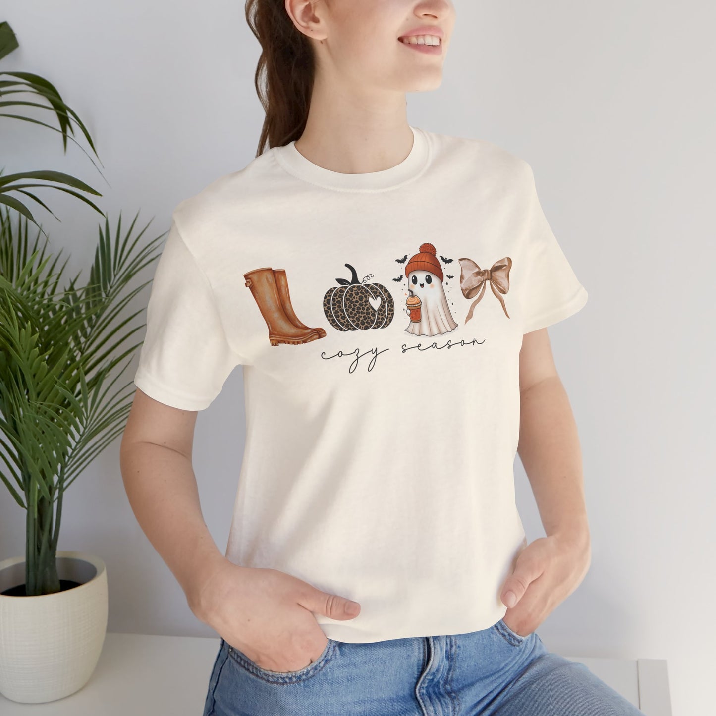 'Cozy Season' Autumn Vibes Tee, Fall Shirt, Cozy Season Top, Pumpkin, Ghost, Boots, Bow, Halloween Casual Wear