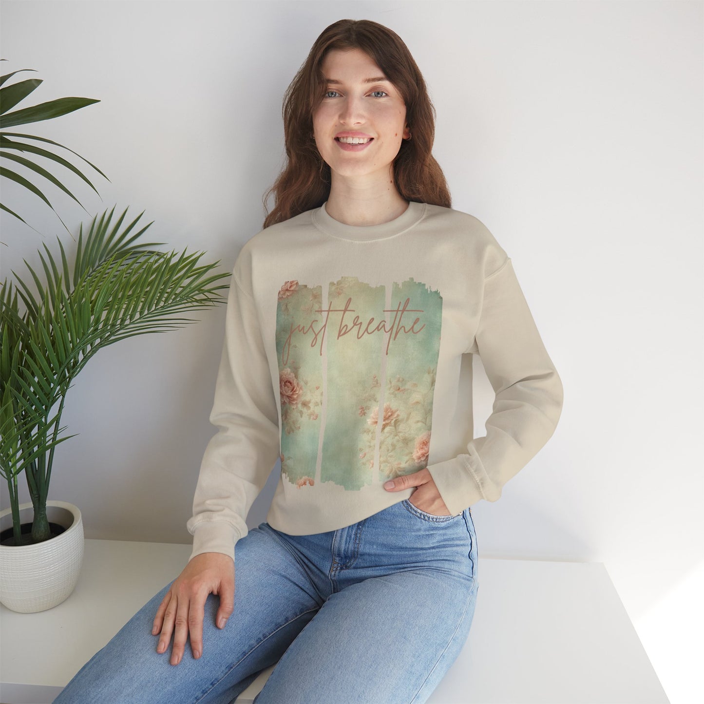 'Just Breathe' With Soft Floral Vertical Trio Background Sweatshirt