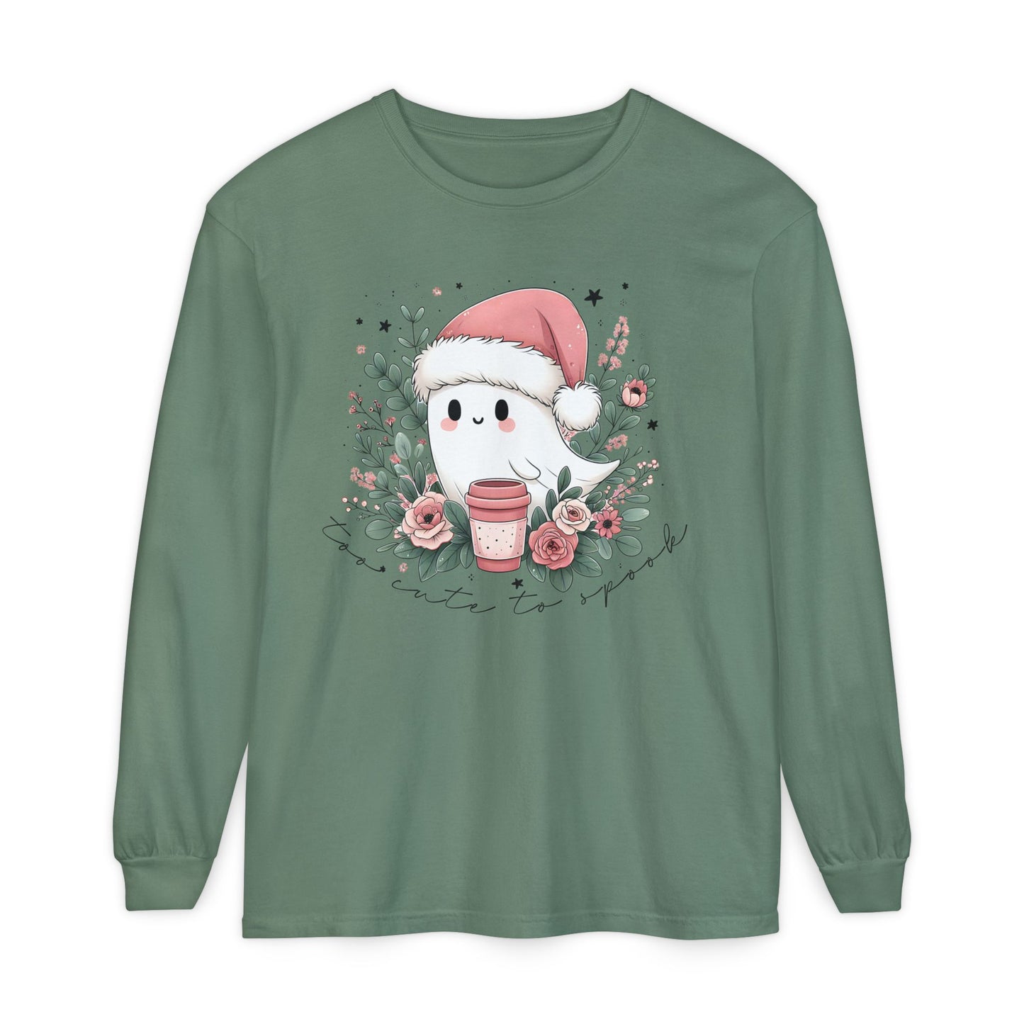 Too Cute to Spook Long Sleeve T-Shirt, Watercolor Ghost with Pink Santa Hat, Coffee & Florals, Pastel Christmas Holiday Apparel