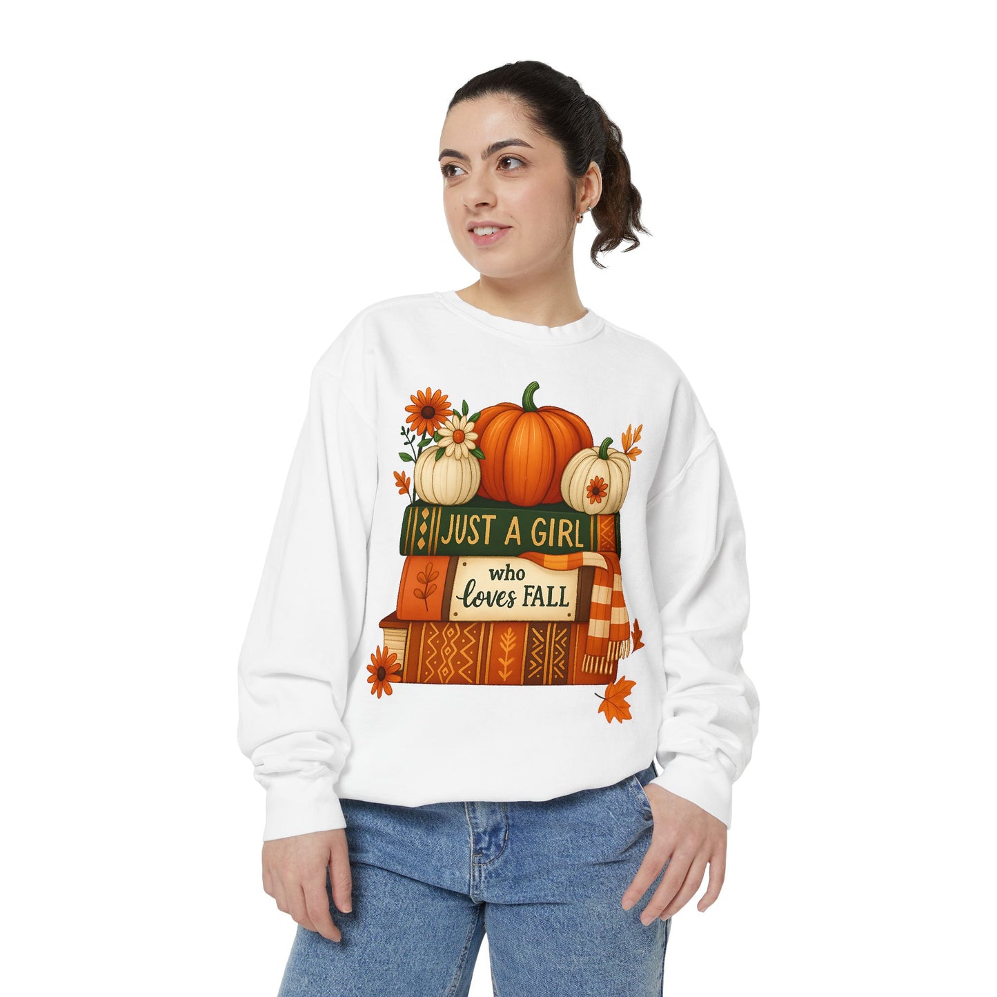 Just A Girl Who Loves Fall Cozy Sweatshirt, Autumn Scene With Books, Pumpkins, and Fall Leaves