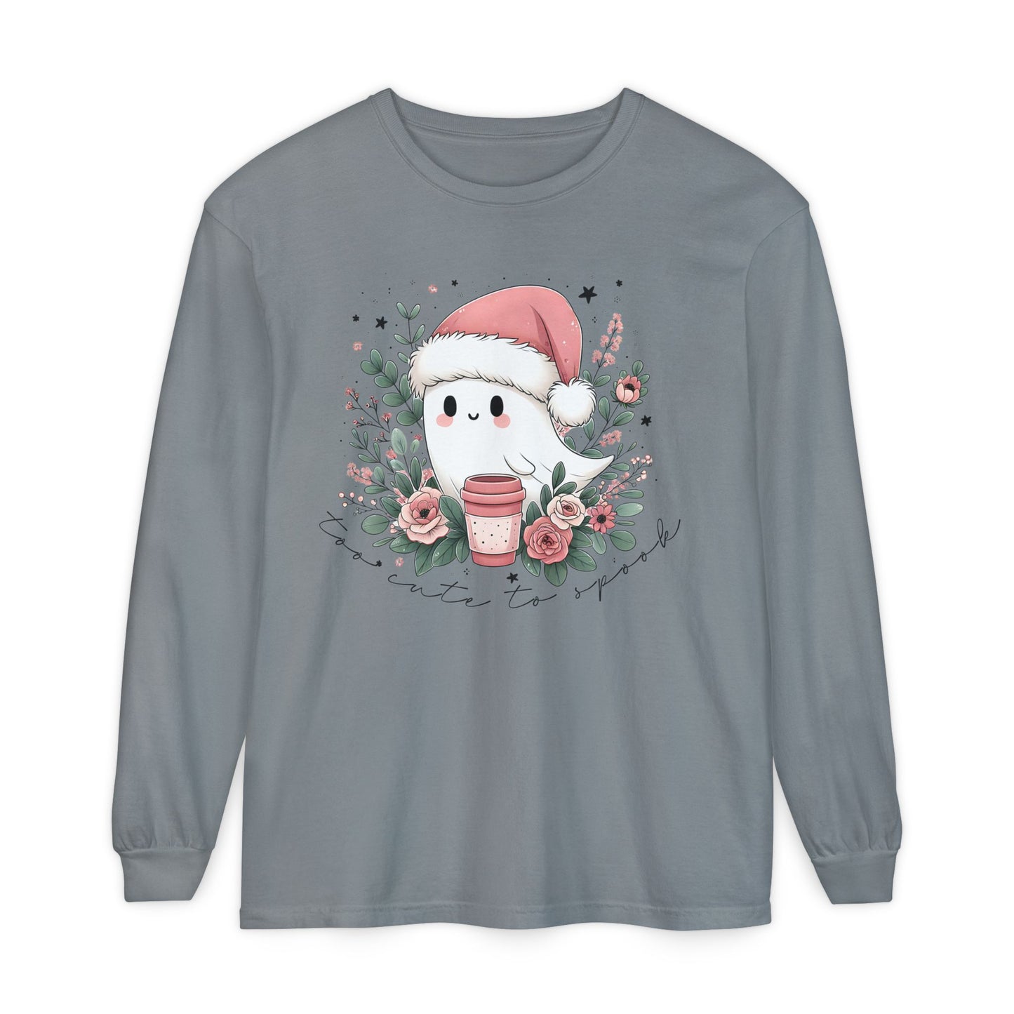 Too Cute to Spook Long Sleeve T-Shirt, Watercolor Ghost with Pink Santa Hat, Coffee & Florals, Pastel Christmas Holiday Apparel