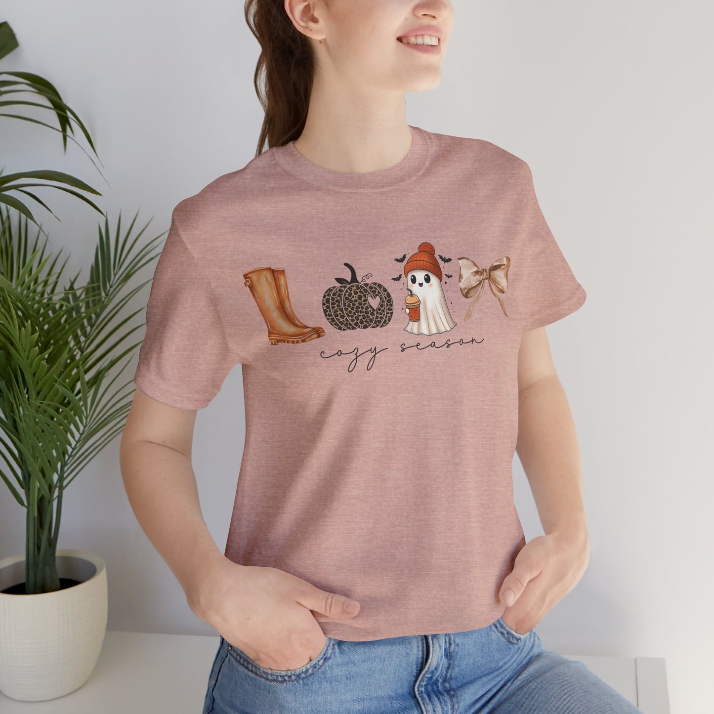 'Cozy Season' Autumn Vibes Tee, Fall Shirt, Cozy Season Top, Pumpkin, Ghost, Boots, Bow, Halloween Casual Wear