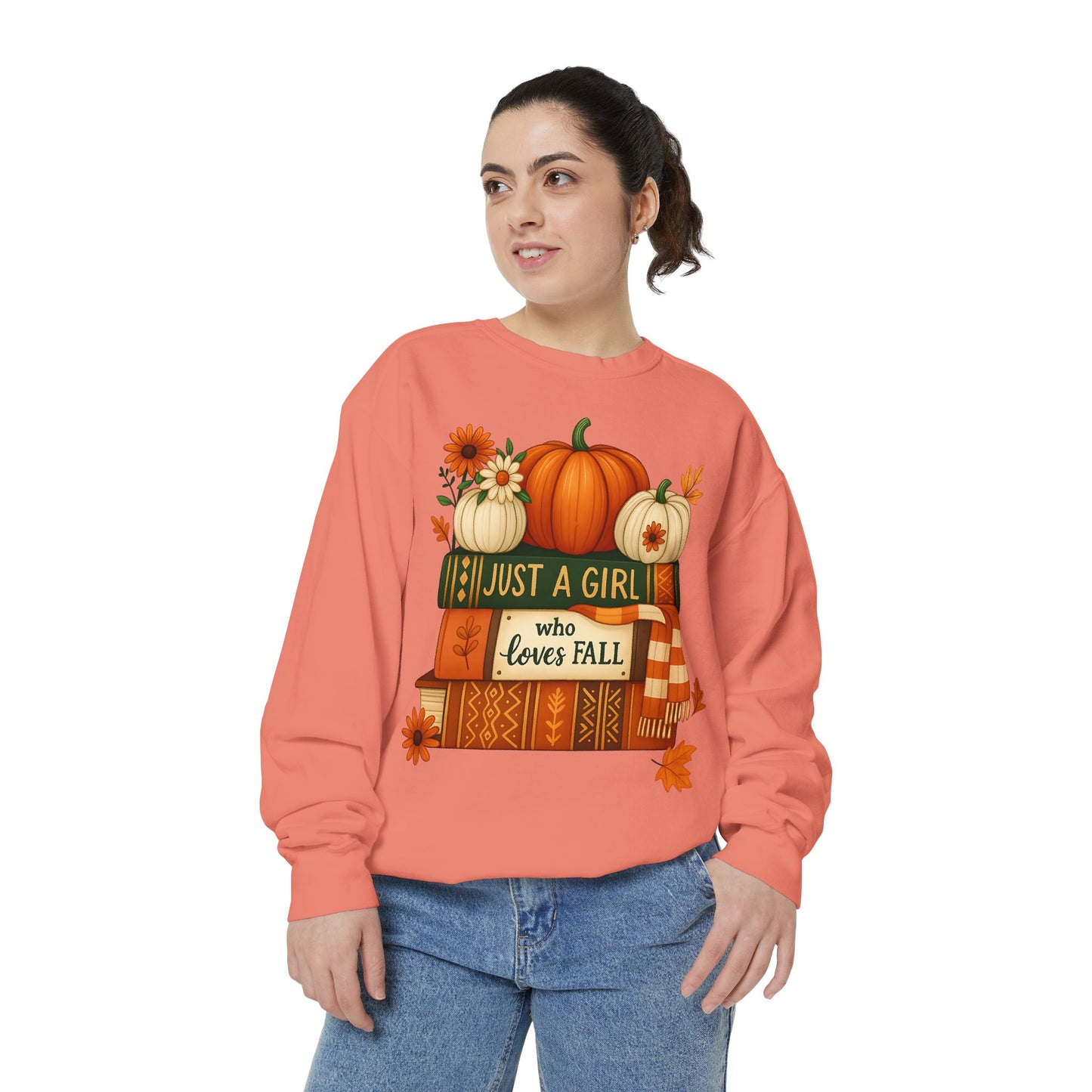 Just A Girl Who Loves Fall Cozy Sweatshirt, Autumn Scene With Books, Pumpkins, and Fall Leaves