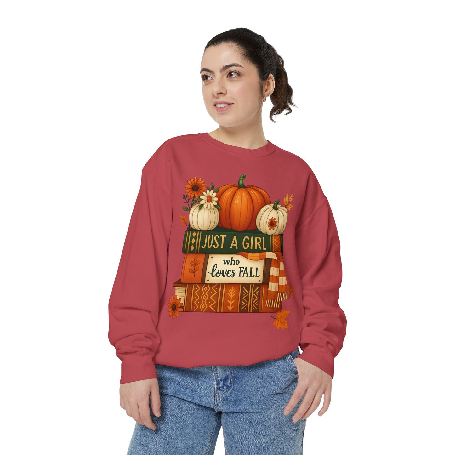 Just A Girl Who Loves Fall Cozy Sweatshirt, Autumn Scene With Books, Pumpkins, and Fall Leaves