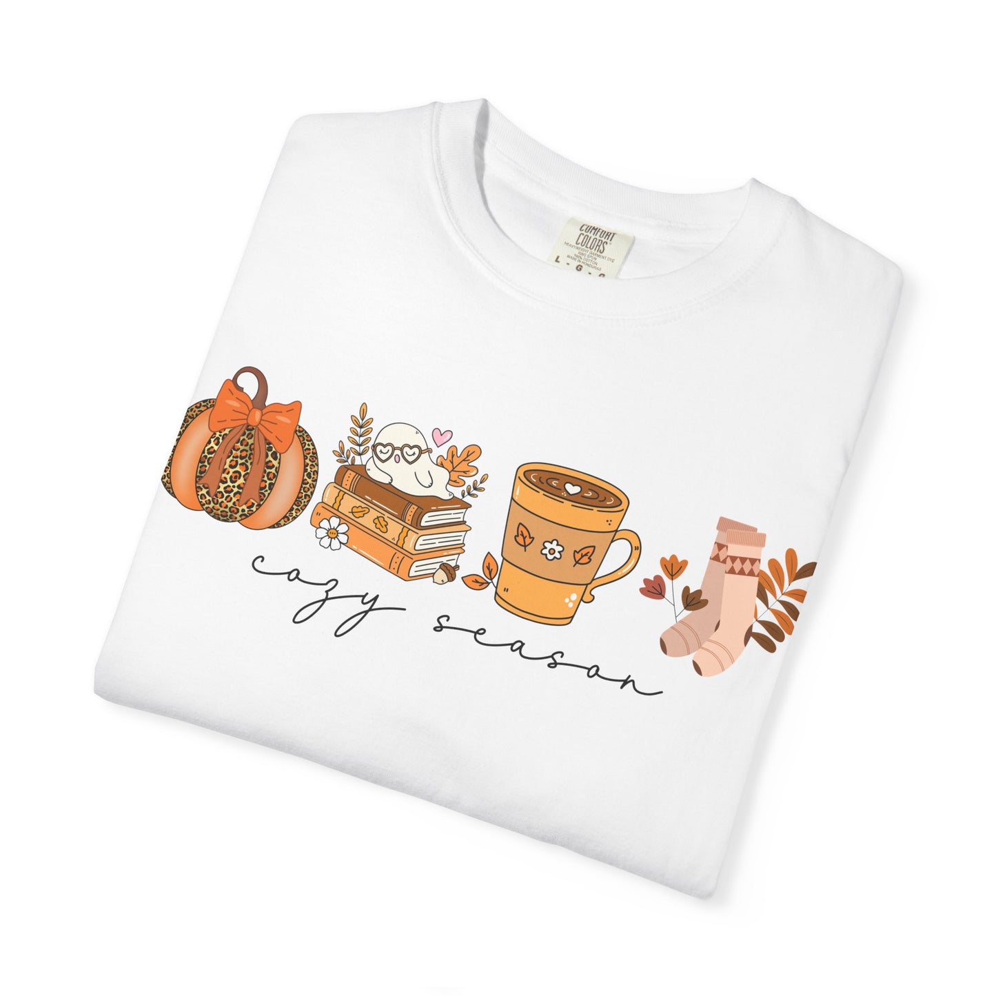 'Cozy Season' Bella + Canvas T-Shirt | Cozy Socks, Sleeping Ghost, Coquette Bow & Leopard Pumpkin Fall Graphic, Autumn Tee, Pumpkin Season Shirt, Cute Sweatshirt, Harvest Style Top, Perfect for Thanksgiving
