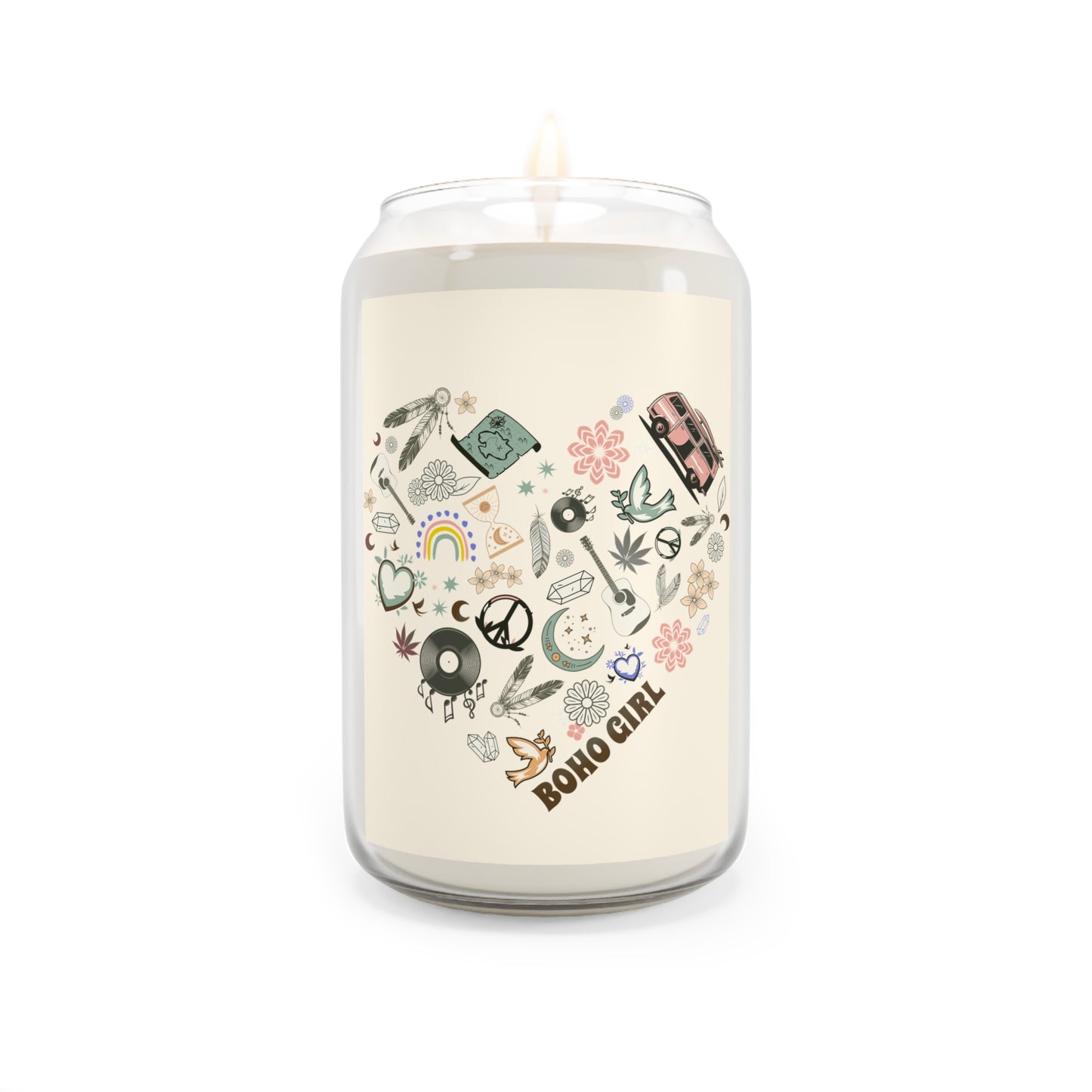 Boho Girl Scented Soy Candle, Cozy Home Decor, Relaxing Gift for Her, Aromatherapy, Eco-Friendly Candle, Gift for Any Occasion, Retro Crystals, Peace Sign & Dreamcatcher Elements