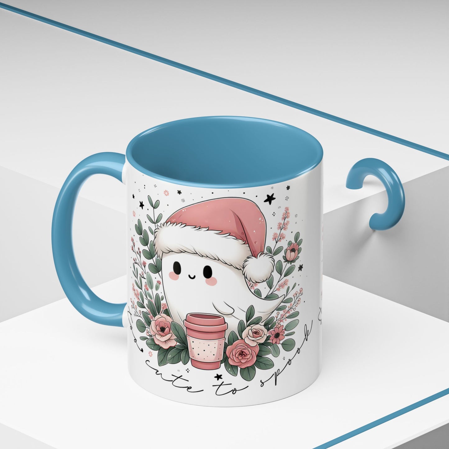 Too Cute to Spook Mug | Ghost with Pink Santa Hat & Coffee | Pastel Christmas Holiday Mug