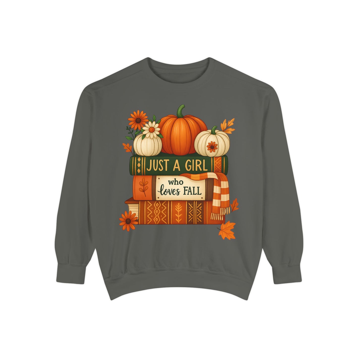 Just A Girl Who Loves Fall Cozy Sweatshirt, Autumn Scene With Books, Pumpkins, and Fall Leaves