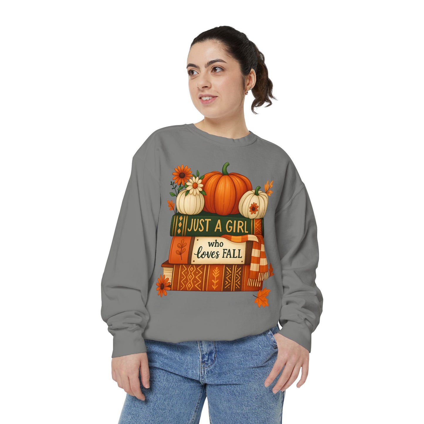 Just A Girl Who Loves Fall Cozy Sweatshirt, Autumn Scene With Books, Pumpkins, and Fall Leaves