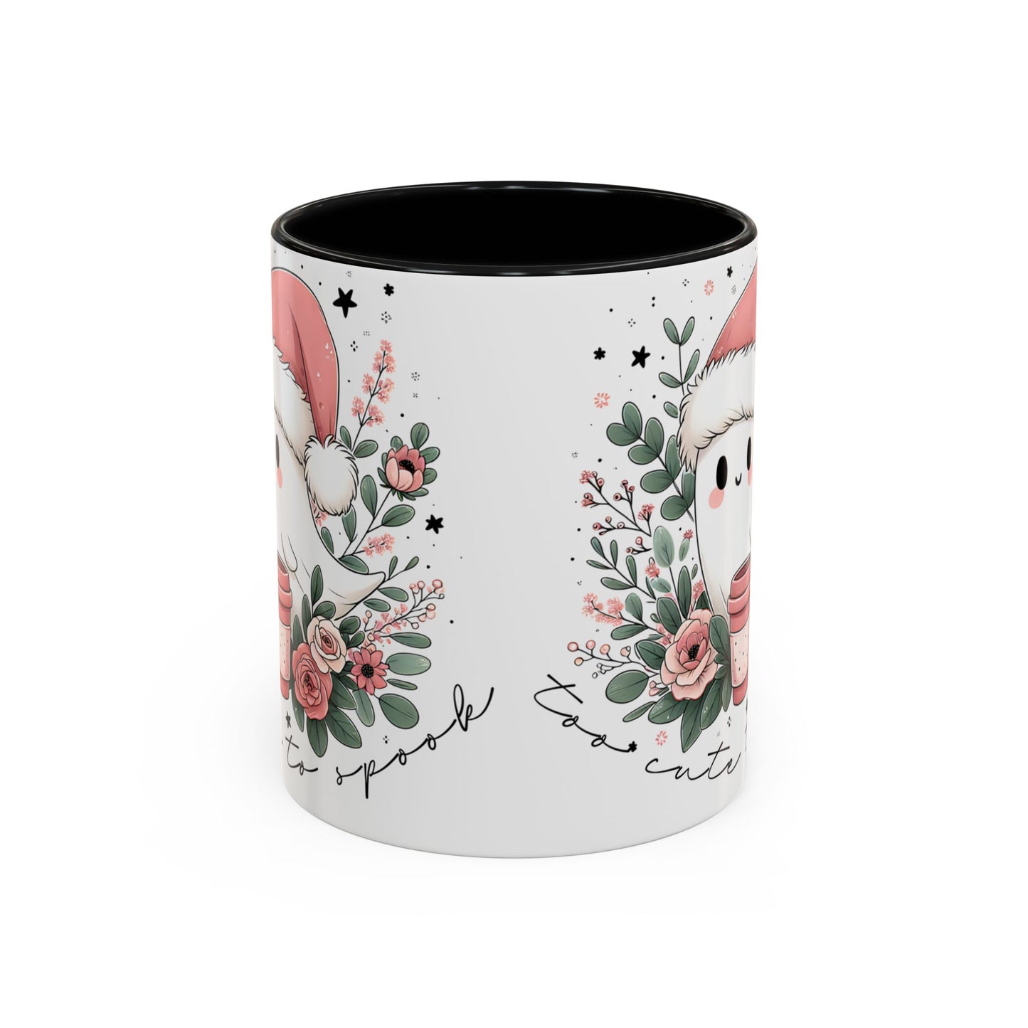 Too Cute to Spook Mug | Ghost with Pink Santa Hat & Coffee | Pastel Christmas Holiday Mug