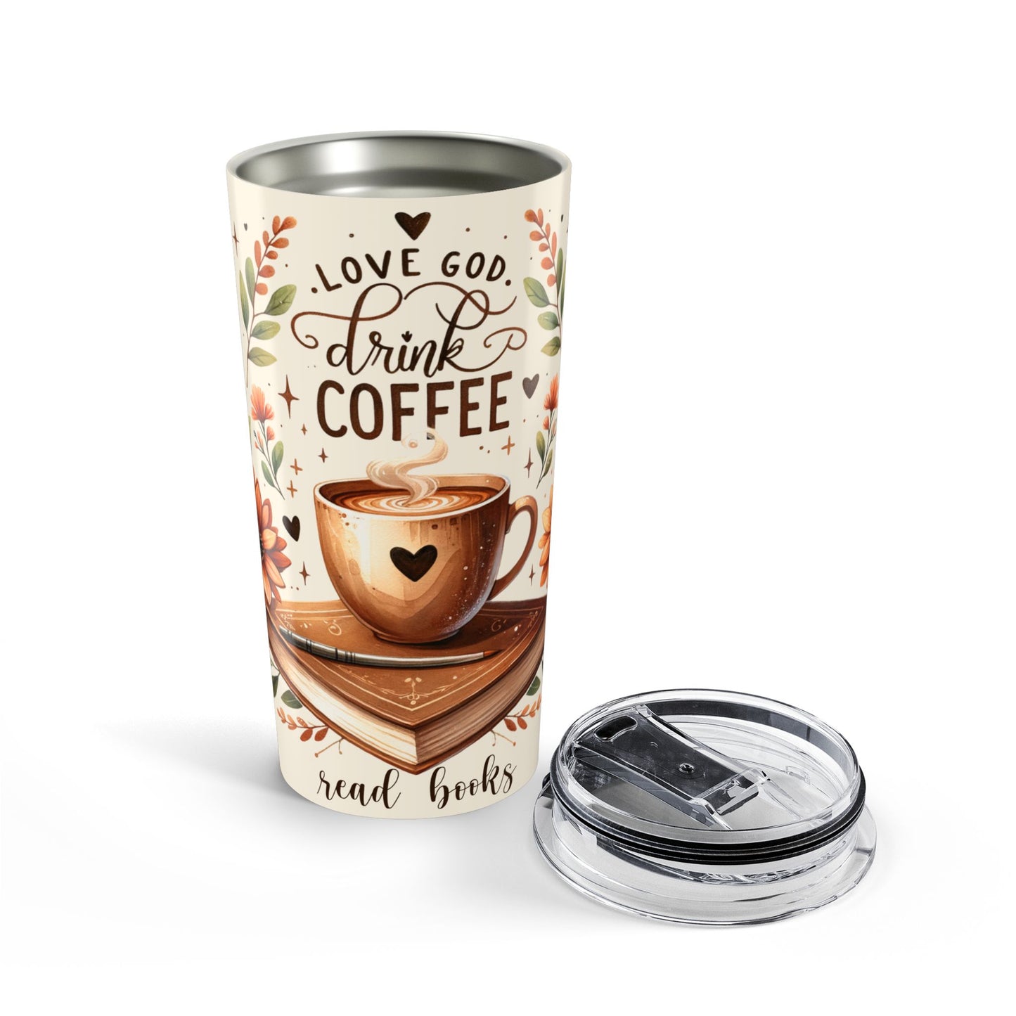 Love God Drink Coffee Read Books Fall/Autumn 20 oz Tumbler, Fall Watercolor Hand-Drawn Travel Cup