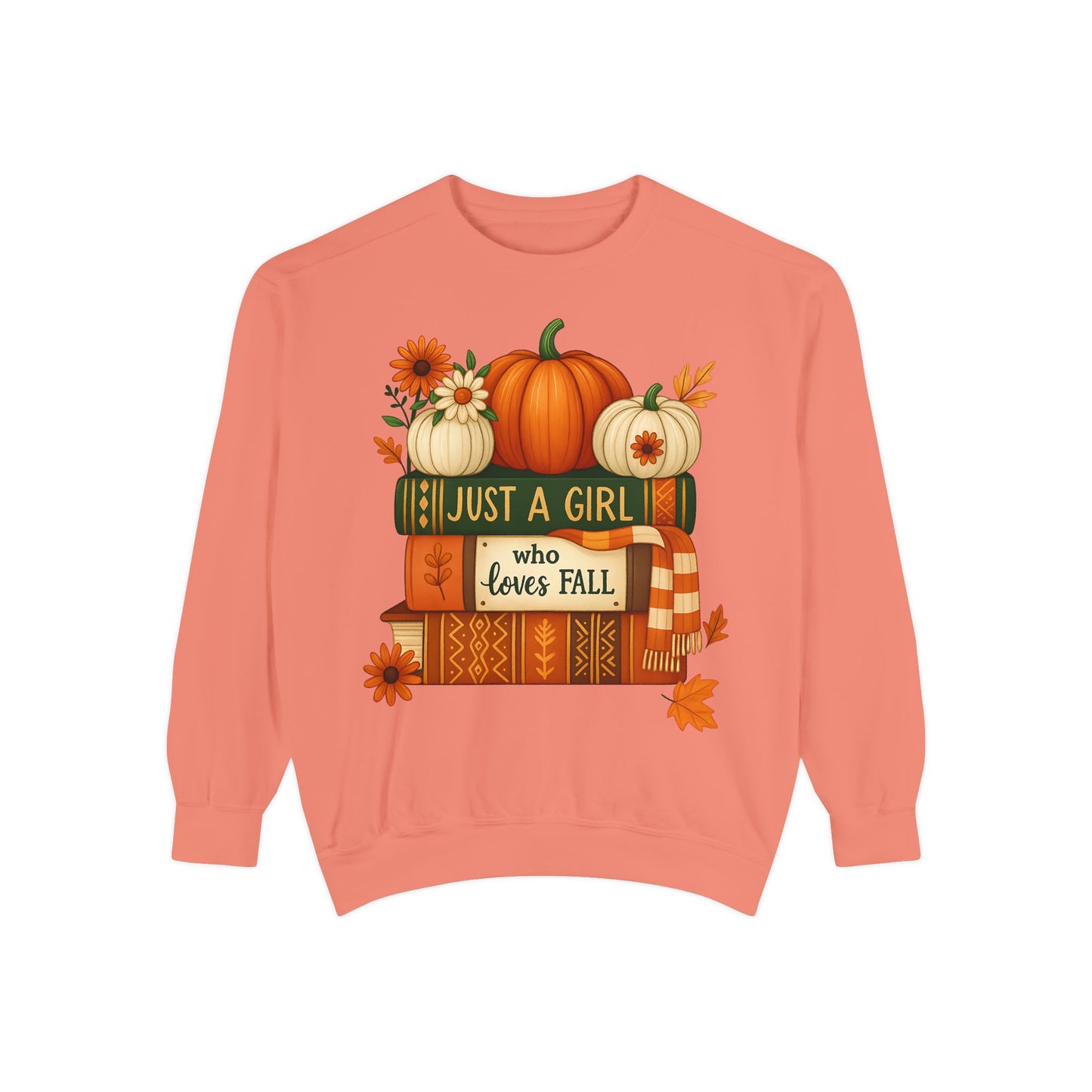 Just A Girl Who Loves Fall Cozy Sweatshirt, Autumn Scene With Books, Pumpkins, and Fall Leaves