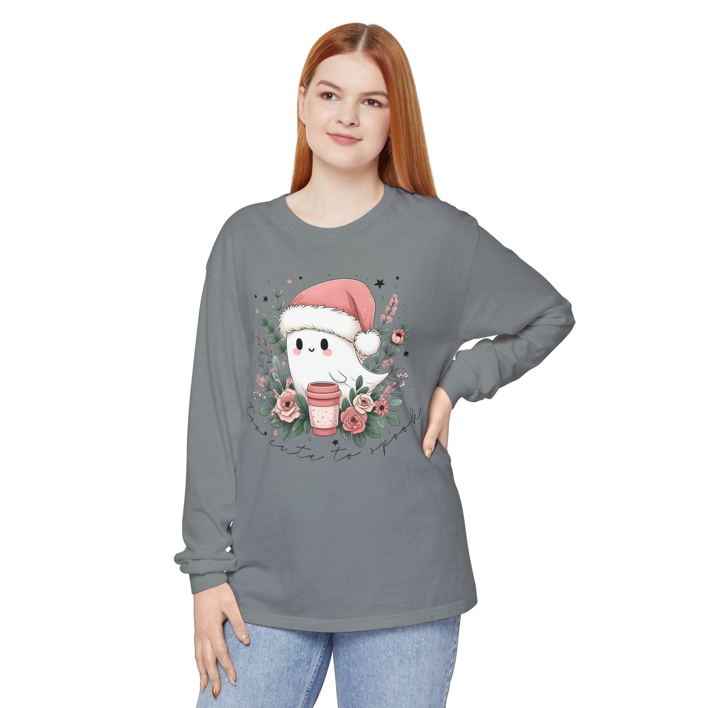 Too Cute to Spook Long Sleeve T-Shirt, Watercolor Ghost with Pink Santa Hat, Coffee & Florals, Pastel Christmas Holiday Apparel