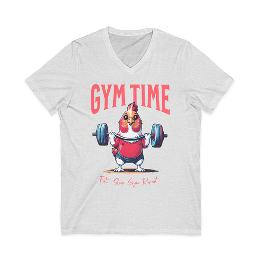 Funny Hen Gym Time V-Neck Tee, Farm Fitness Humor Graphic Shirt, Gift for Gym Lovers, Workout Humor Shirt, Chicken/Hen Lovers