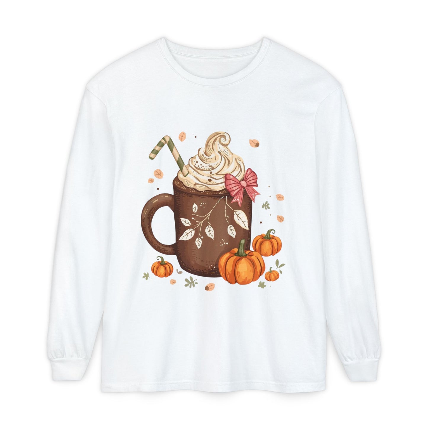 Cute Fall Pumpkin Spice Long Sleeve T-Shirt, Pumpkin Coffee Tee, Autumn Fashion, Cozy Gift for her, Thanksgiving Shirt
