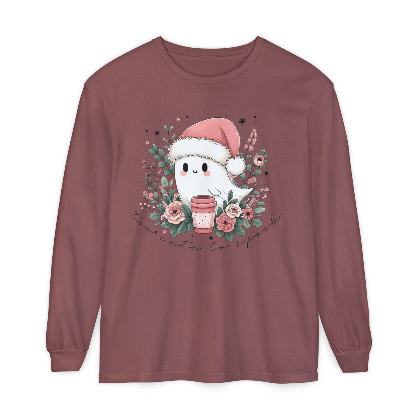 Too Cute to Spook Long Sleeve T-Shirt, Watercolor Ghost with Pink Santa Hat, Coffee & Florals, Pastel Christmas Holiday Apparel