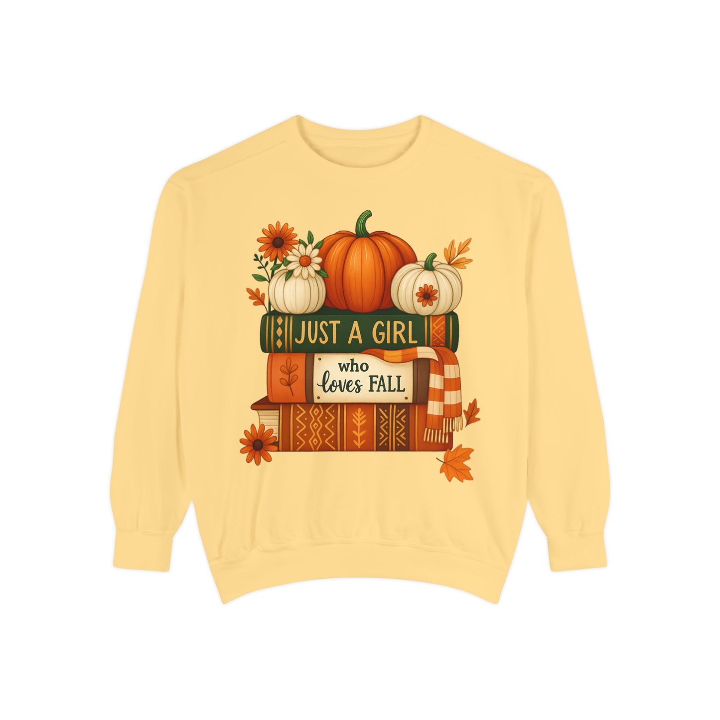 Just A Girl Who Loves Fall Cozy Sweatshirt, Autumn Scene With Books, Pumpkins, and Fall Leaves