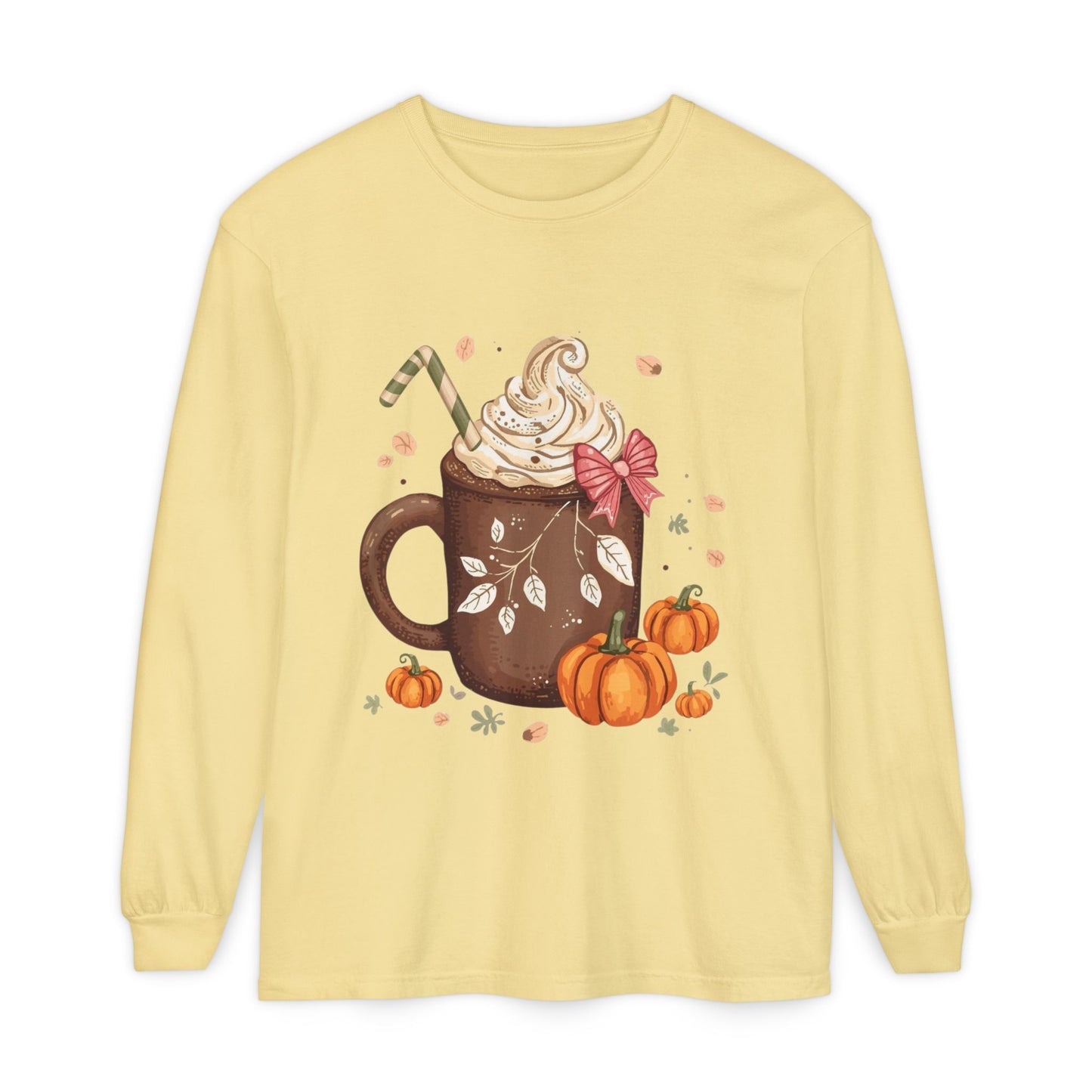 Cute Fall Pumpkin Spice Long Sleeve T-Shirt, Pumpkin Coffee Tee, Autumn Fashion, Cozy Gift for her, Thanksgiving Shirt