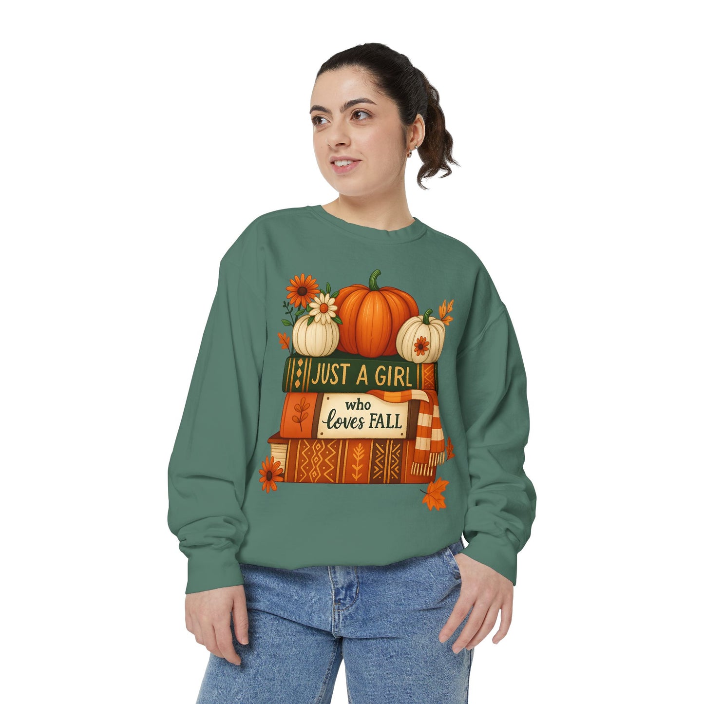 Just A Girl Who Loves Fall Cozy Sweatshirt, Autumn Scene With Books, Pumpkins, and Fall Leaves