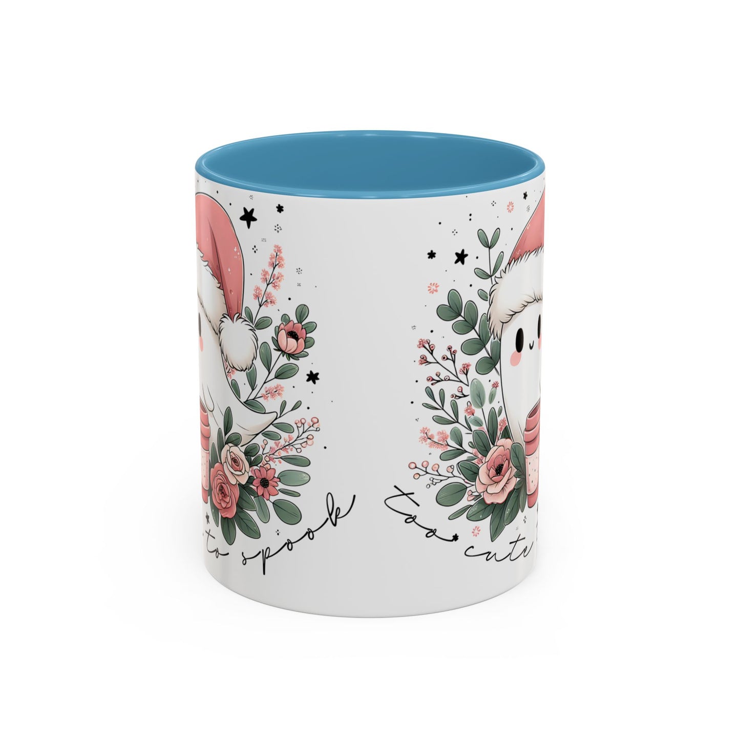 Too Cute to Spook Mug | Ghost with Pink Santa Hat & Coffee | Pastel Christmas Holiday Mug