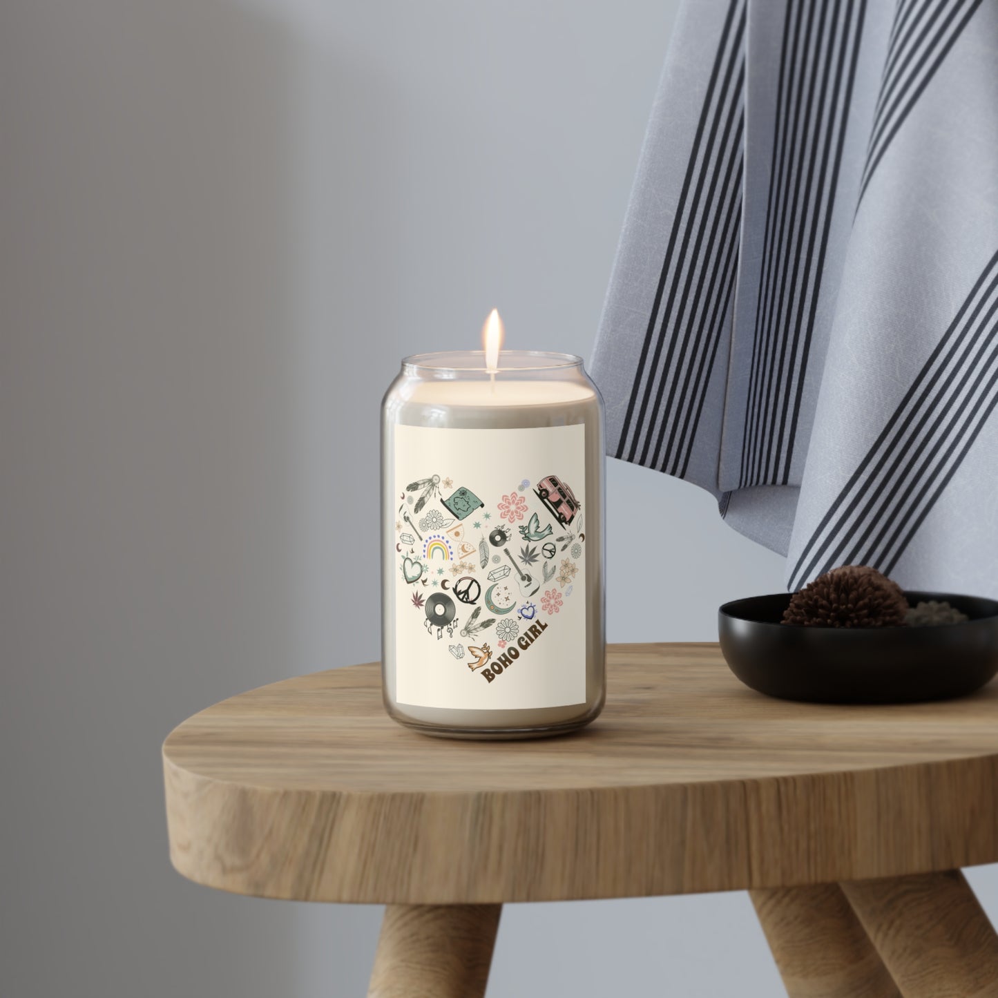 Boho Girl Scented Soy Candle, Cozy Home Decor, Relaxing Gift for Her, Aromatherapy, Eco-Friendly Candle, Gift for Any Occasion, Retro Crystals, Peace Sign & Dreamcatcher Elements