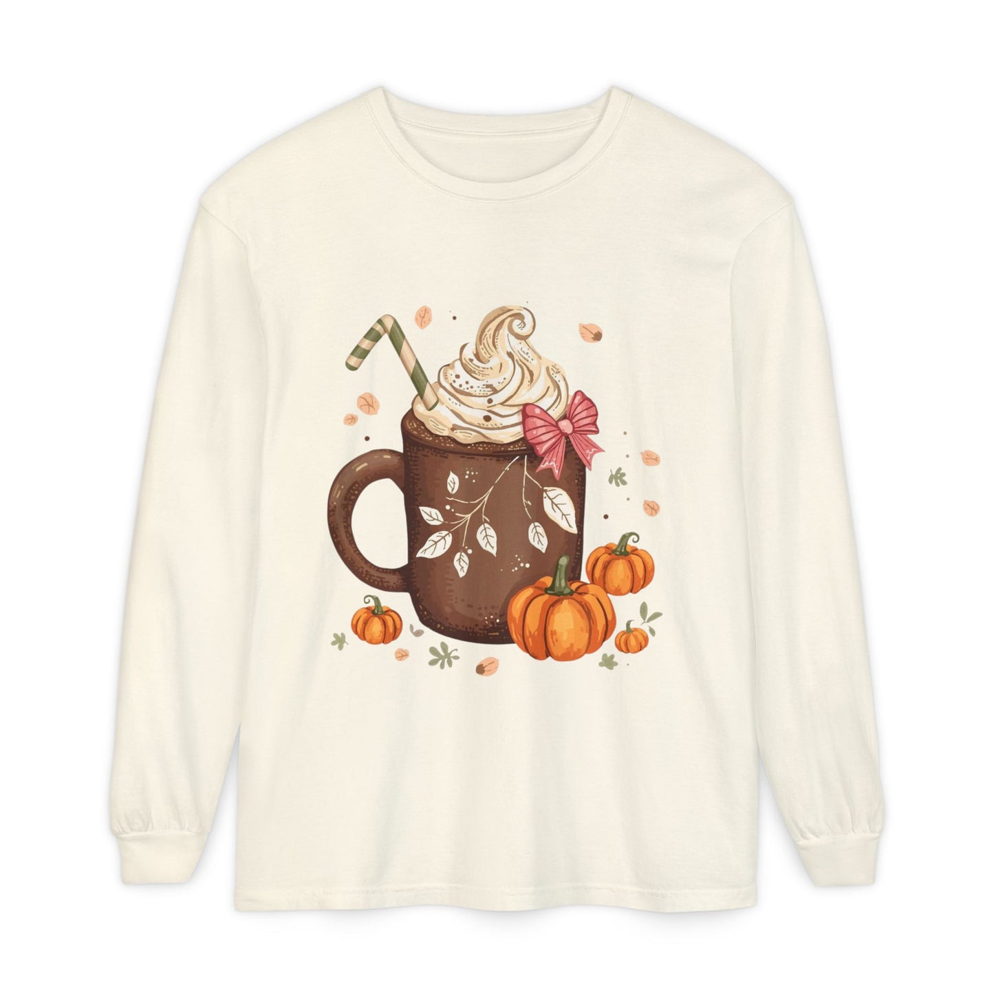 Cute Fall Pumpkin Spice Long Sleeve T-Shirt, Pumpkin Coffee Tee, Autumn Fashion, Cozy Gift for her, Thanksgiving Shirt