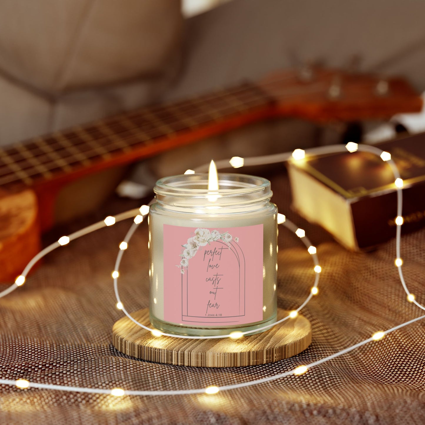 Candle, Perfect Love Casts Out Fear 1 John 4:18 Biblical Scripture Faith Based Candle