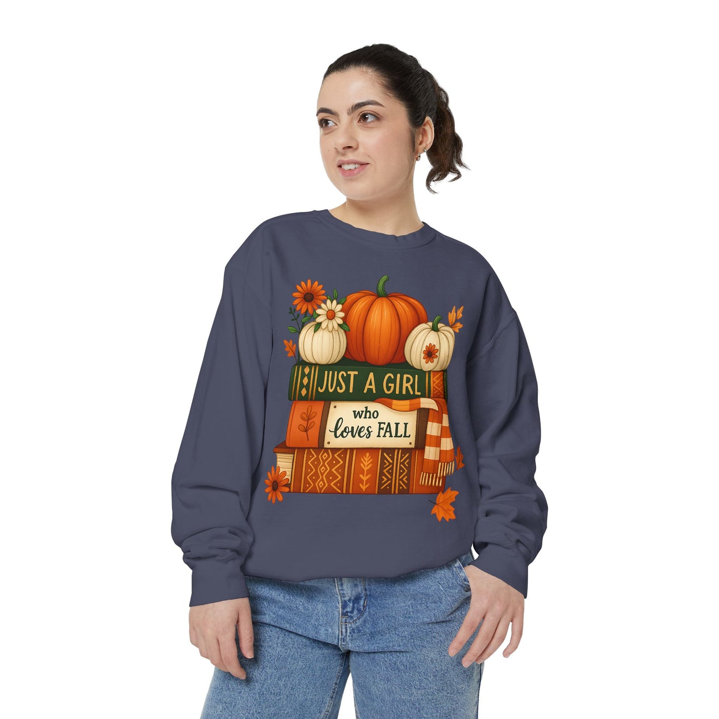 Just A Girl Who Loves Fall Cozy Sweatshirt, Autumn Scene With Books, Pumpkins, and Fall Leaves