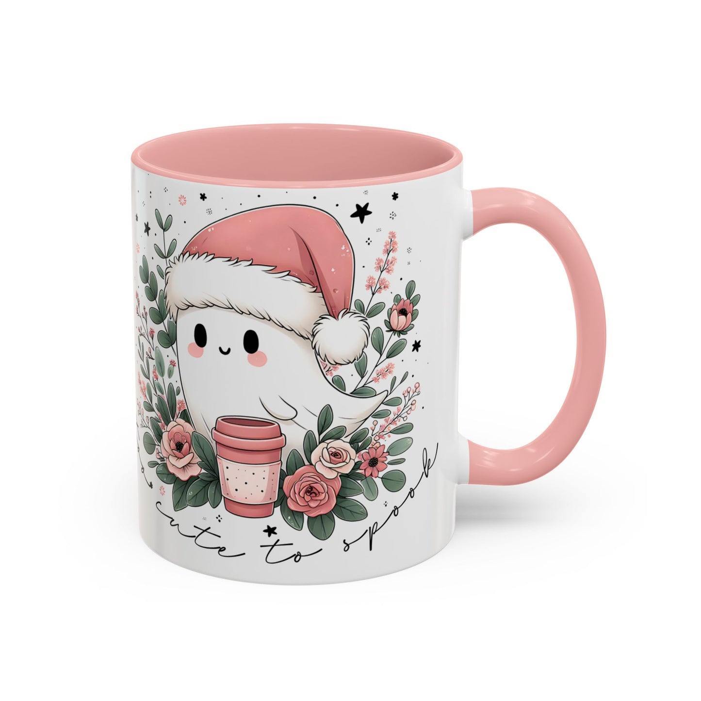 Too Cute to Spook Mug | Ghost with Pink Santa Hat & Coffee | Pastel Christmas Holiday Mug
