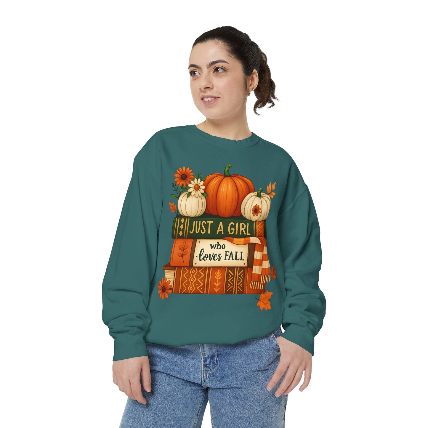 Just A Girl Who Loves Fall Cozy Sweatshirt, Autumn Scene With Books, Pumpkins, and Fall Leaves
