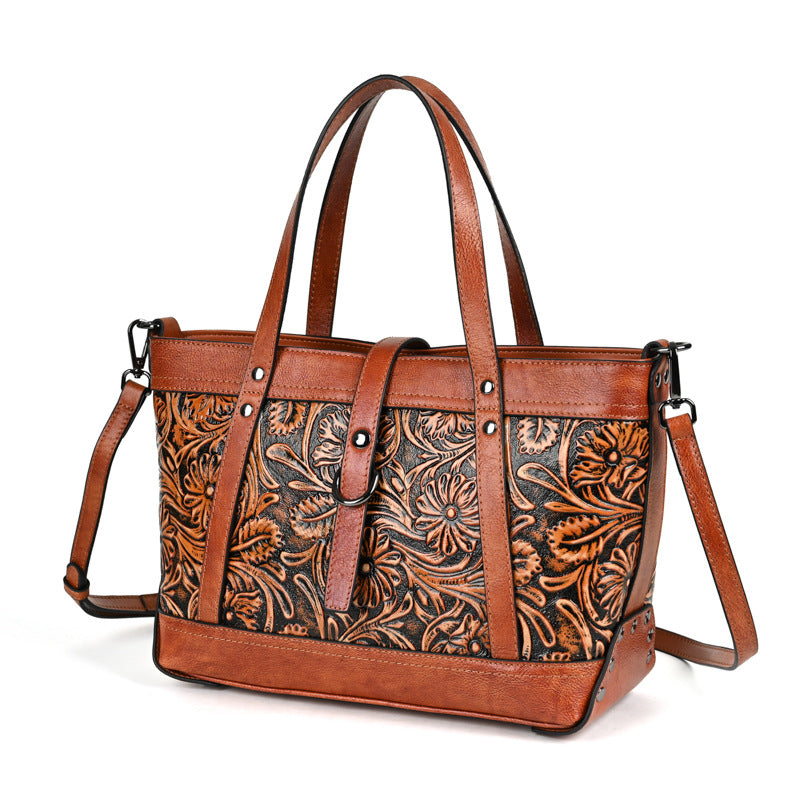 Genuine Hand-carved Leather Large Retro Handbag