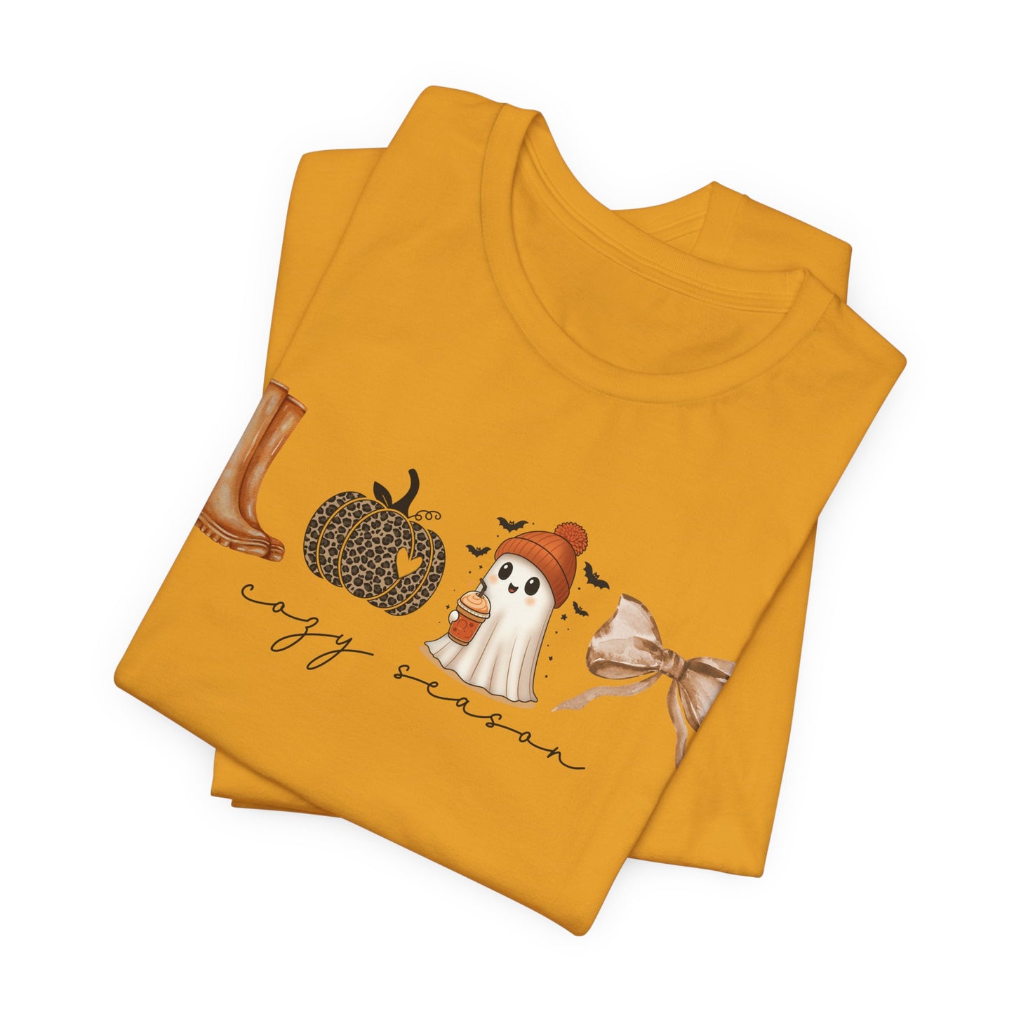 'Cozy Season' Autumn Vibes Tee, Fall Shirt, Cozy Season Top, Pumpkin, Ghost, Boots, Bow, Halloween Casual Wear