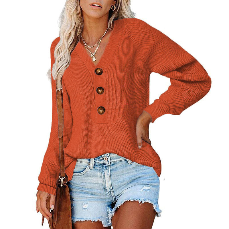 Knitted V-Neck Button Sweater